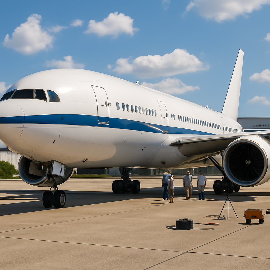 NASA's modified Boeing 777 aircraft on tarmac at Langley Research Center with technicians and equipment nearby.