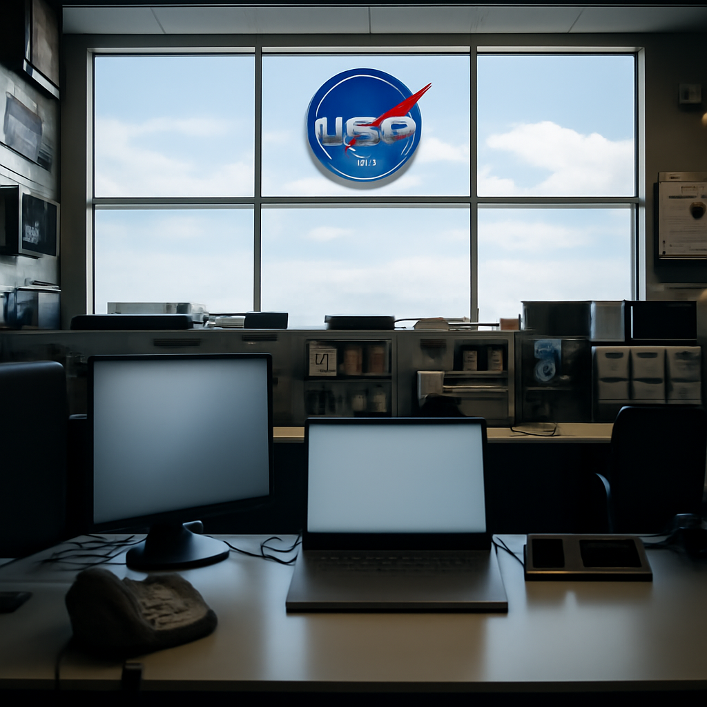 NASA control room with workstation, monitors, and technical equipment under a daytime sky.