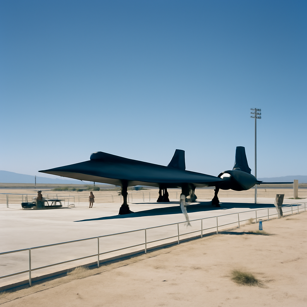 Sleek high-altitude aircraft on launch pad with distant mountains under clear sky.