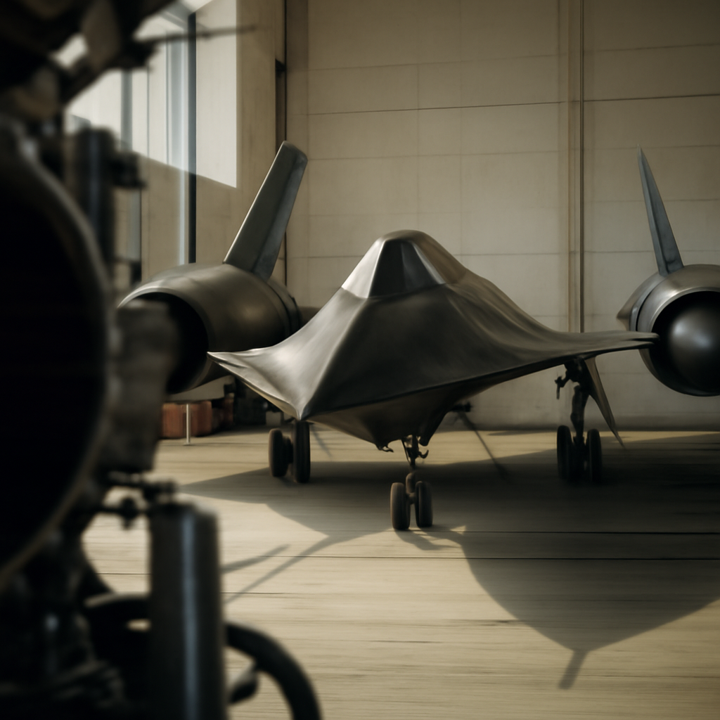 Sleek, high-speed aircraft resembling an SR-71 in a NASA facility.