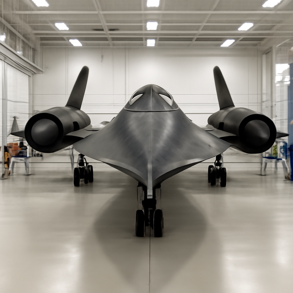 SR-71 Blackbird aircraft sits on a clean surface in a well-lit facility.
