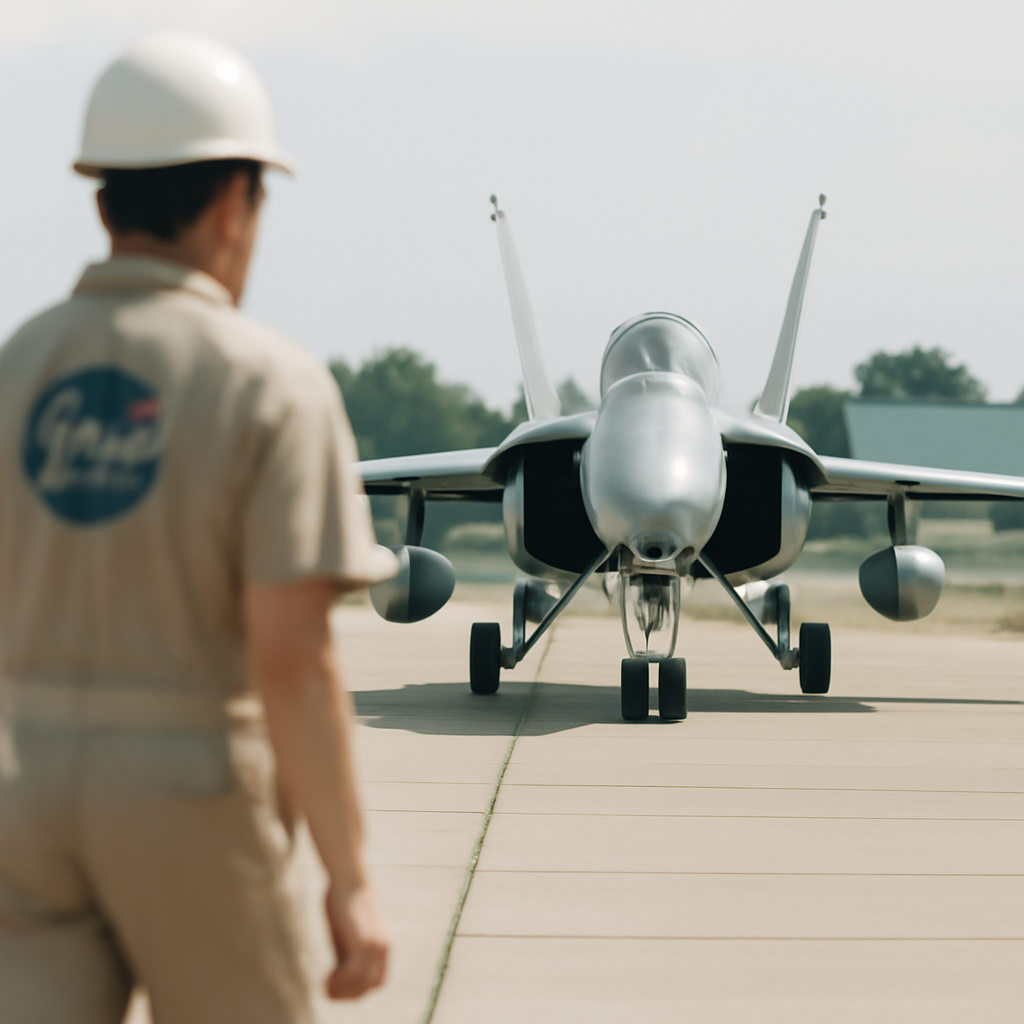 Modern jet aircraft on a runway with NASA personnel in foreground.