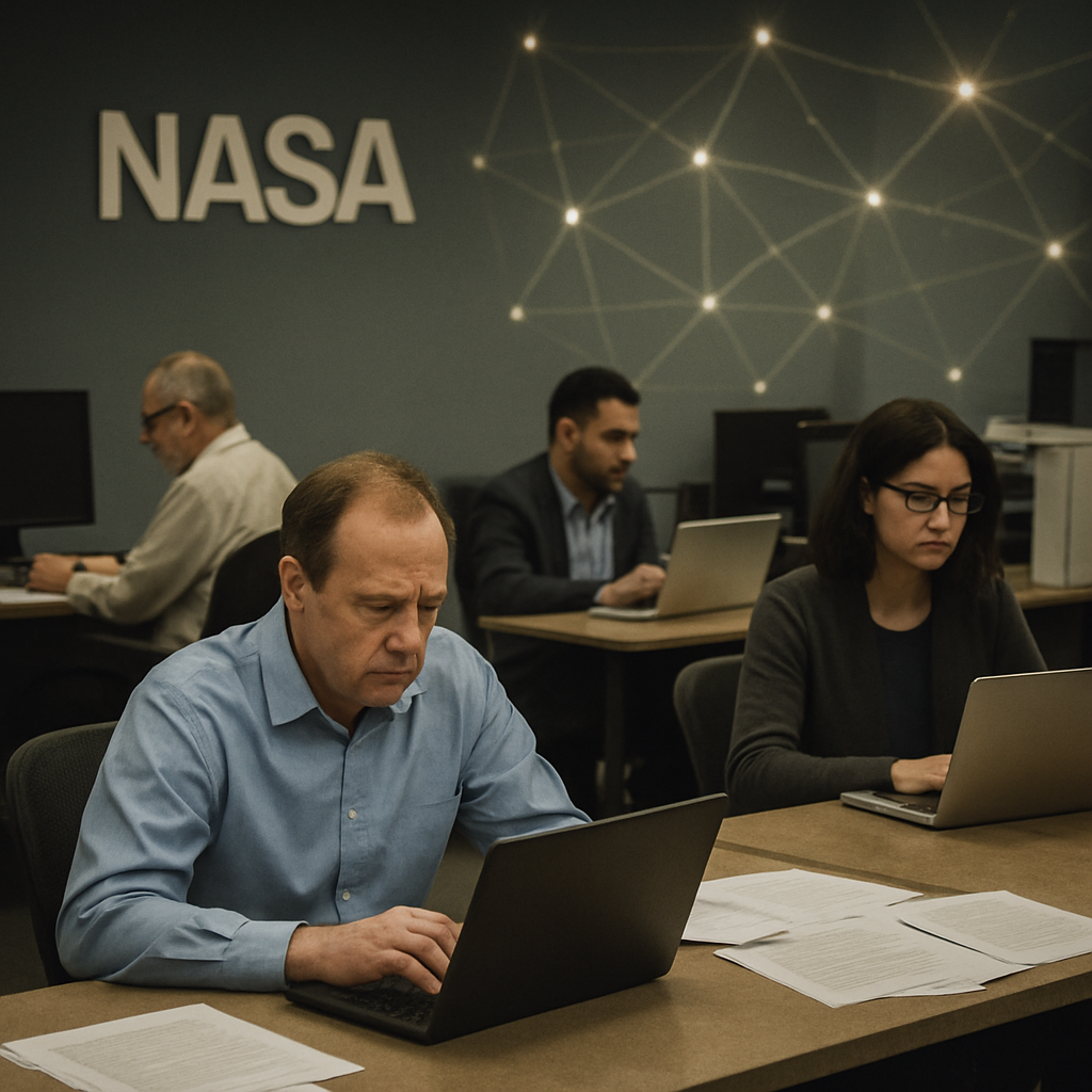 NASA employees work at desks with laptops and computers in a well-lit office setting.