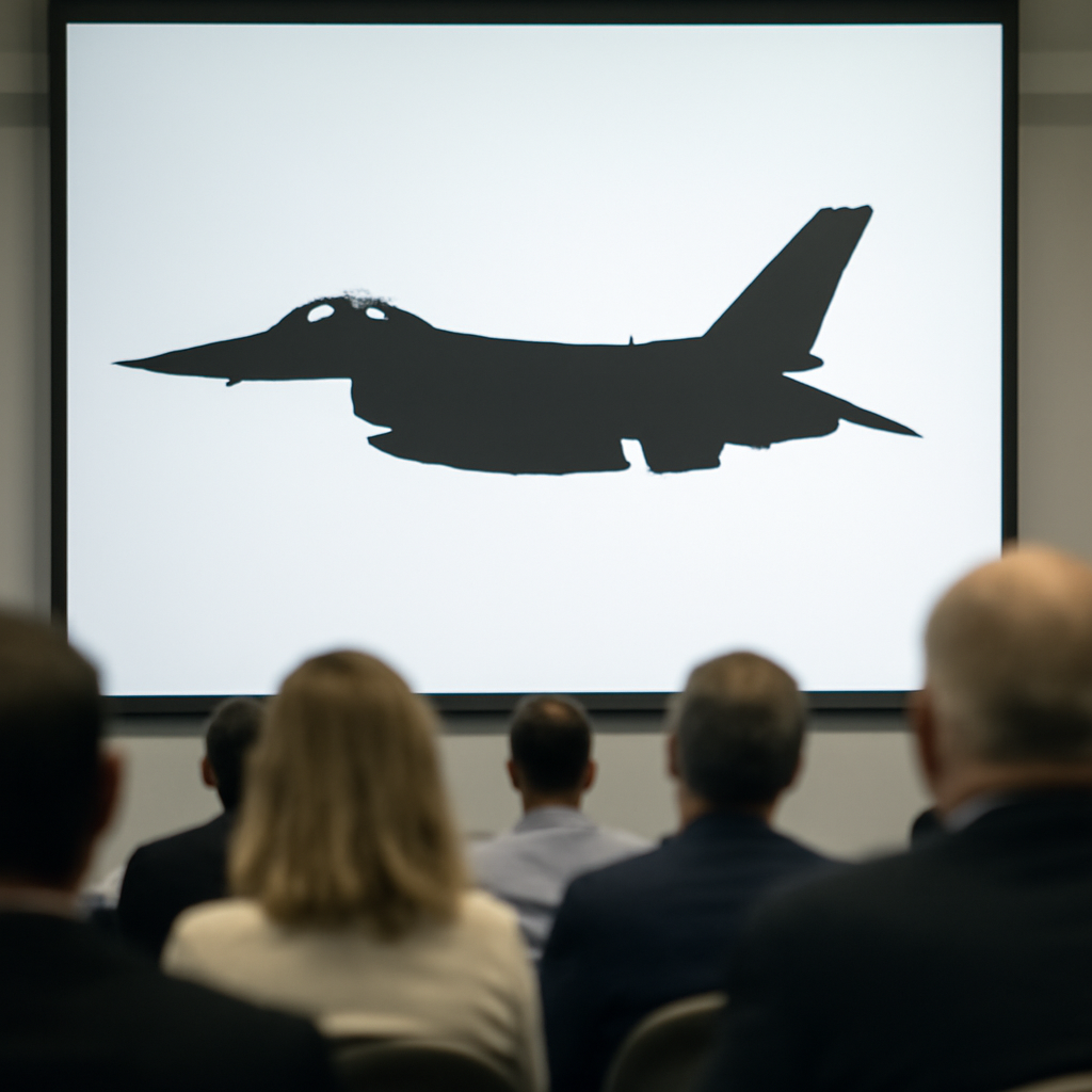 A high-speed aircraft silhouette displayed on a screen in a conference setting with blurred attendees in the background.