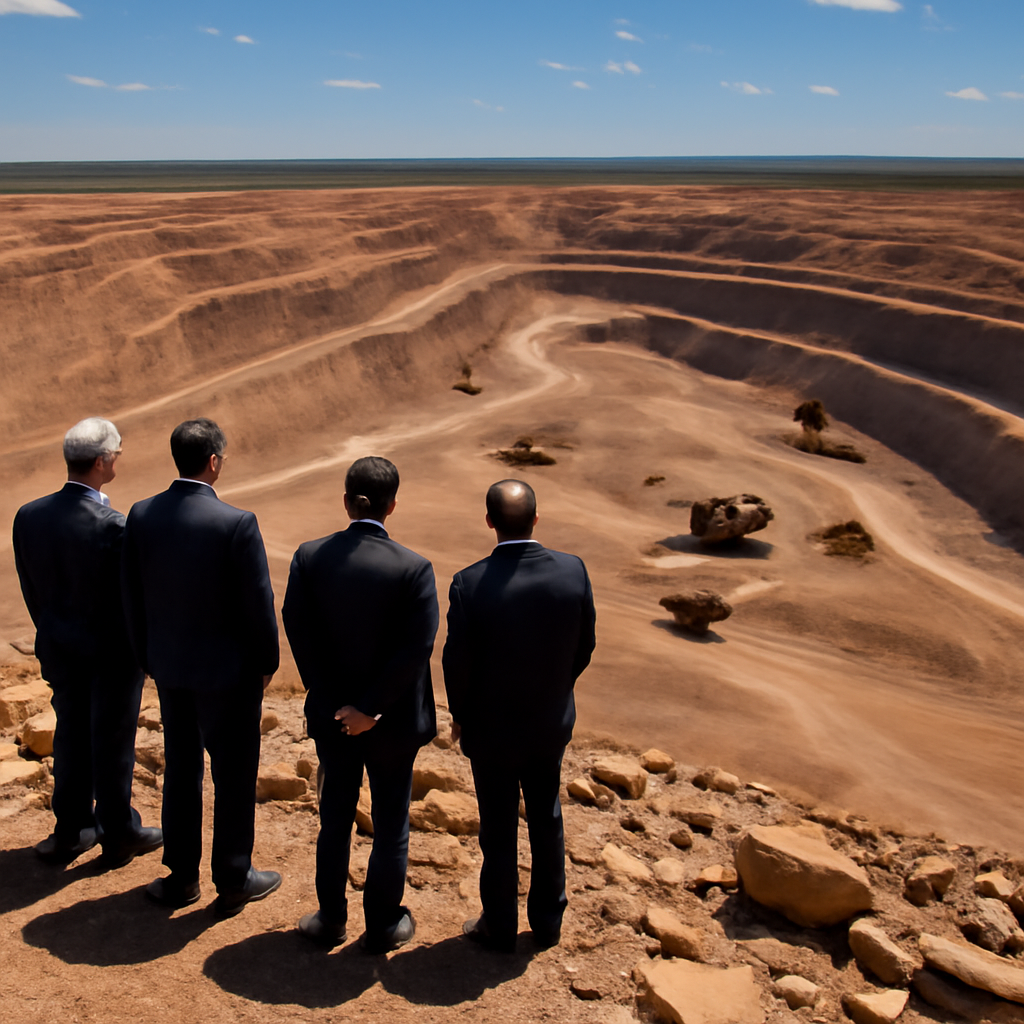 Suited officials and industry reps observe mining operations in a vast open-pit mine in Northern Australia.
