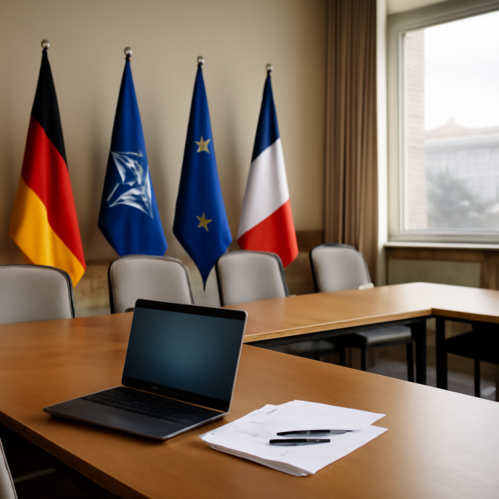 Formal conference room with laptop, papers, and pens on a large wooden table.