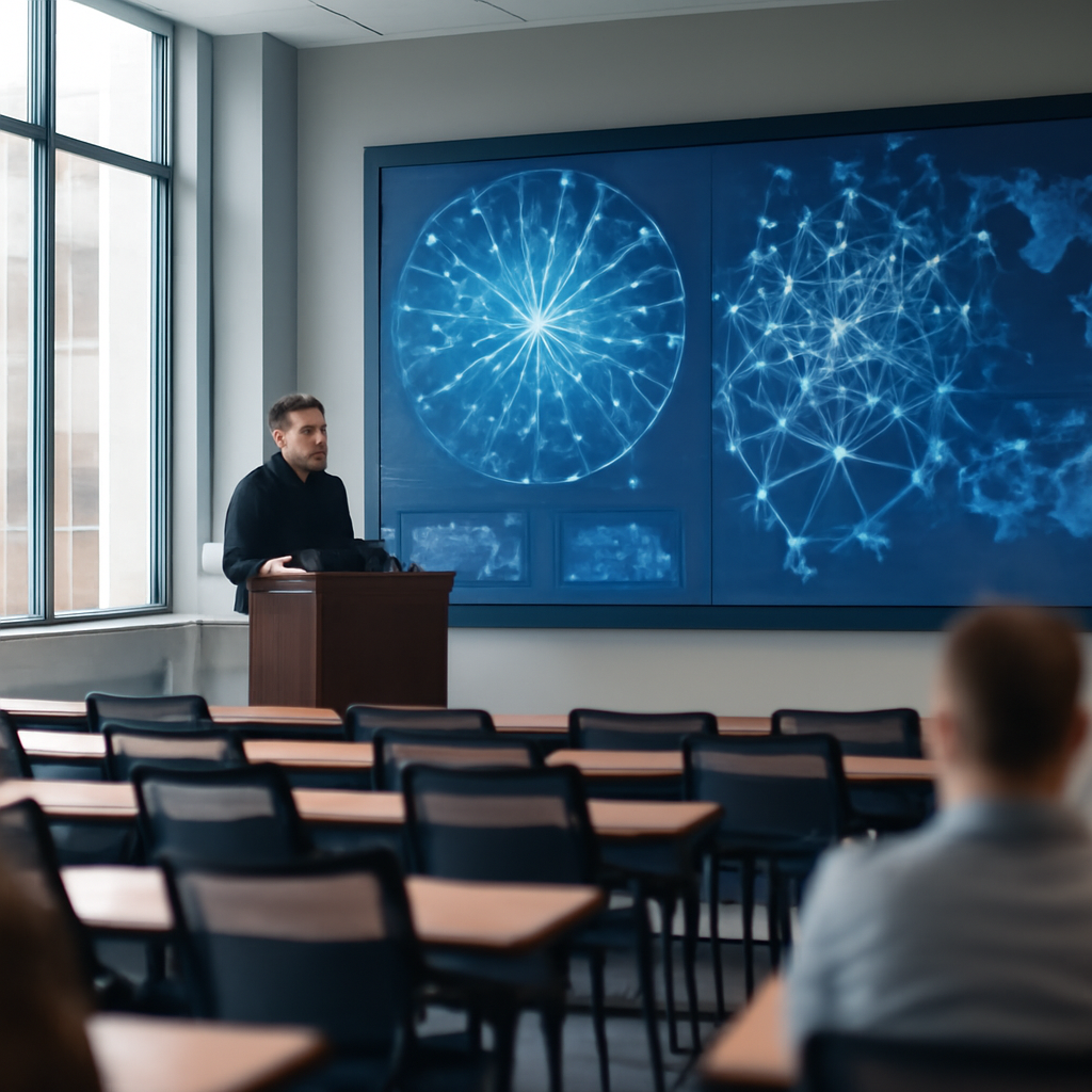 Researcher presents network diagrams at podium in a large, sunny room with empty chairs.