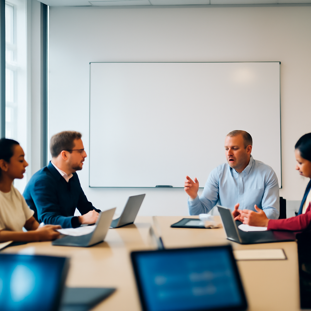 Diverse team in conference room with whiteboard and modern technology.