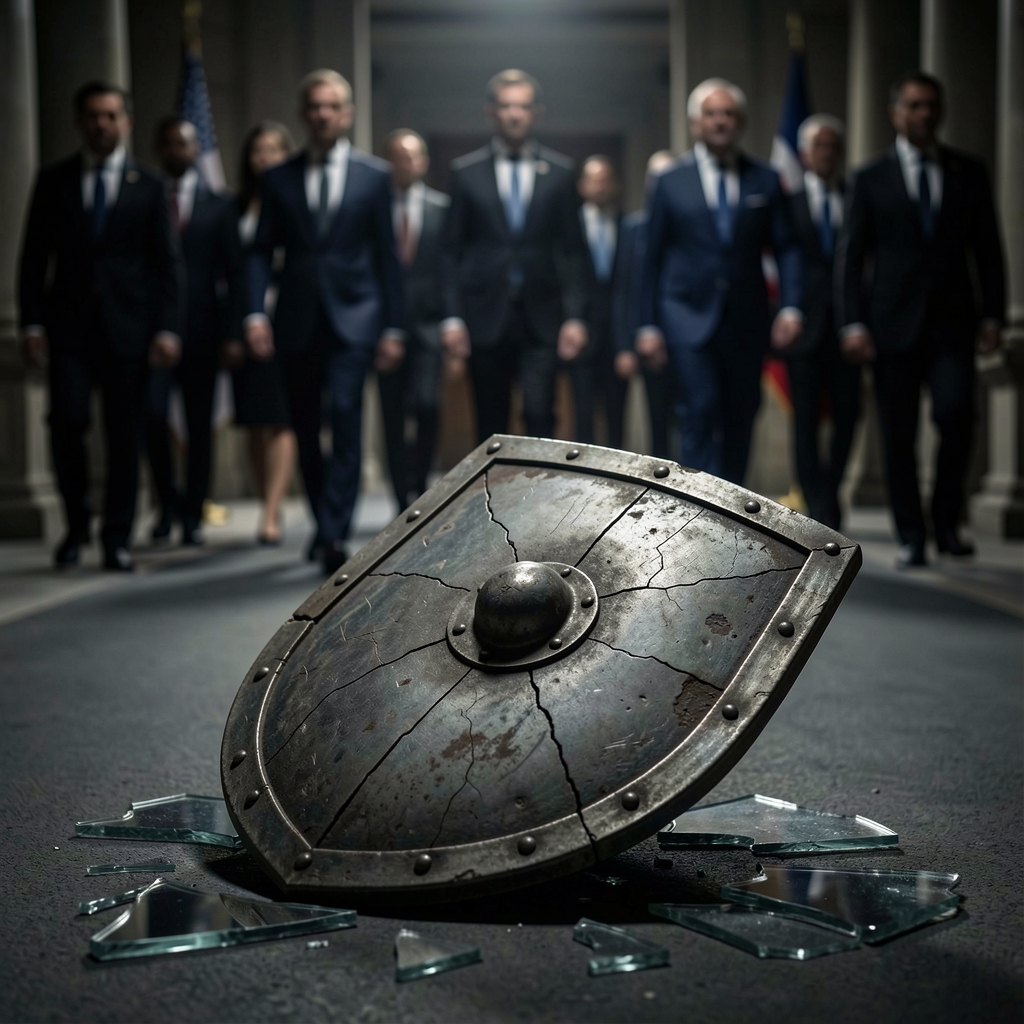 Worn shield in foreground, blurred officials walk away in background.