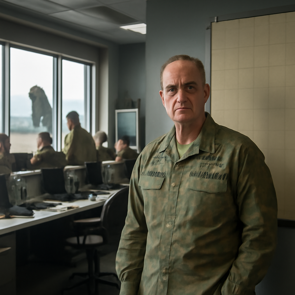 Military officer stands near tactical map at air defense operations center.
