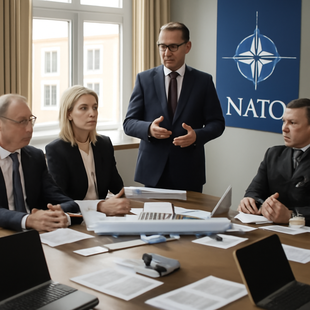 NATO officials in a briefing room with a Saab GlobalEye aircraft model and documents on a table.