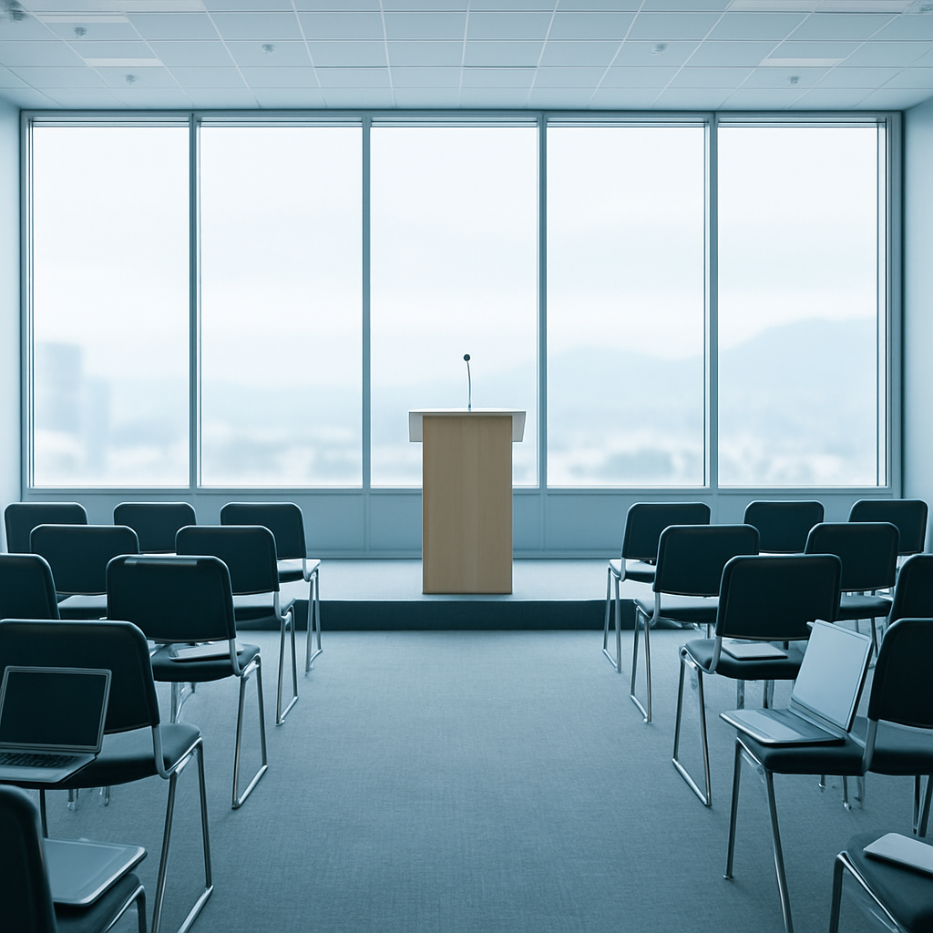 Empty conference room with podium, laptops, and notepads, set against a blurred cityscape backdrop.
