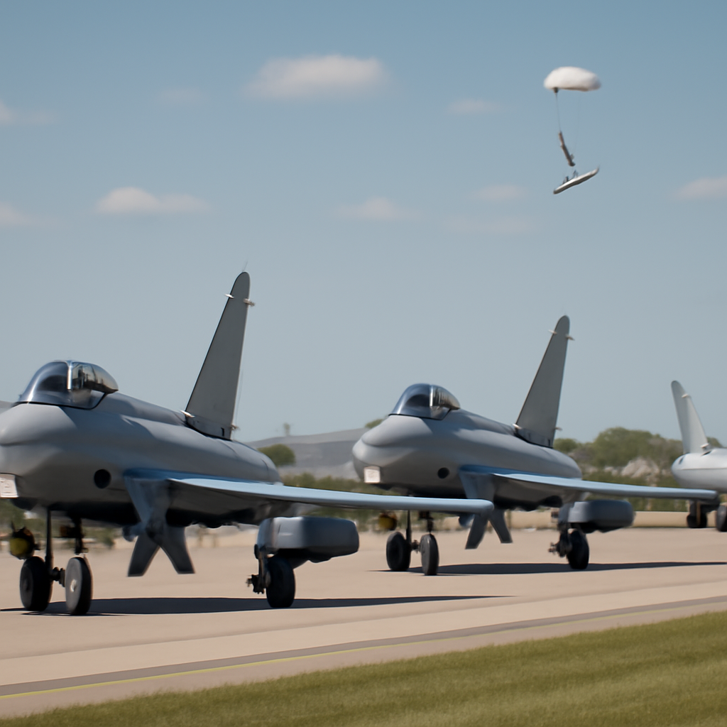 NATO Eurofighter jets sit on a runway at Šiauliai Air Base with a hint of a downed drone in the background.