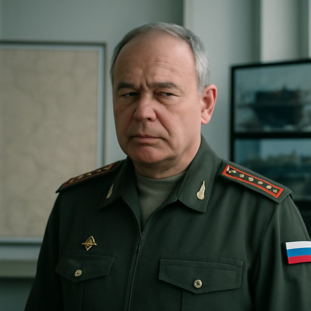 Russian military officer stands somberly in front of tactical map, wearing formal uniform.