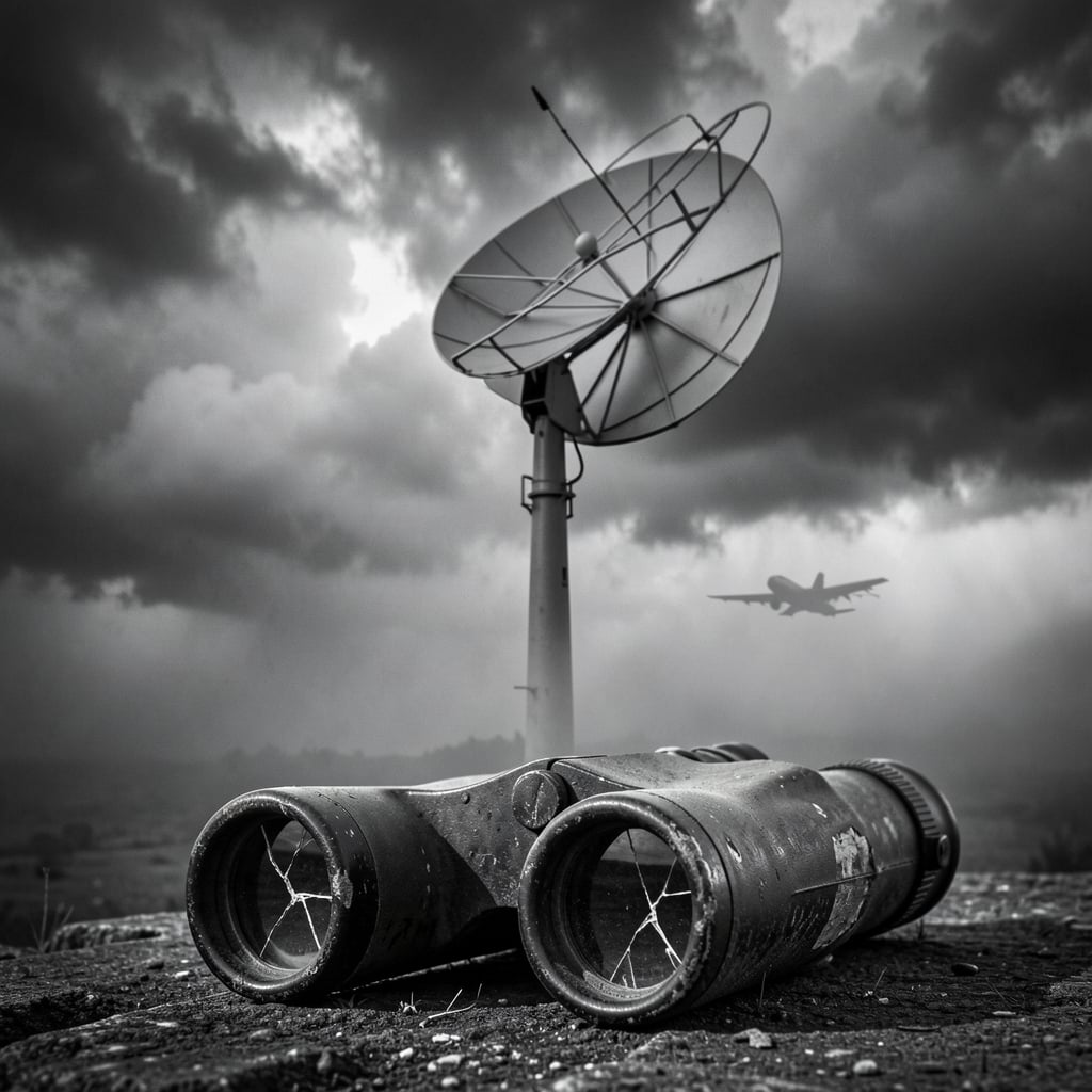 Radar system antenna rotates against stormy sky with distant low-flying aircraft and abandoned binoculars in foreground.