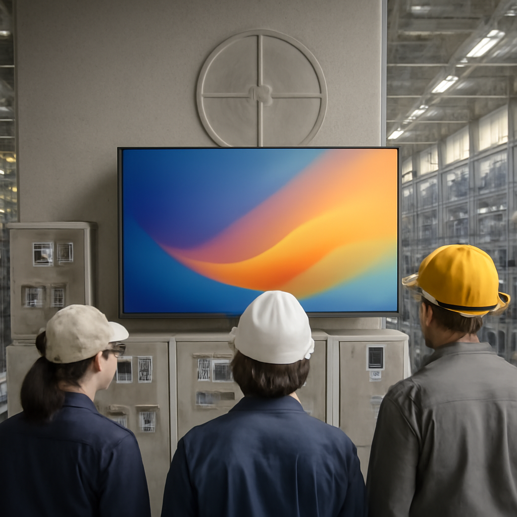 Workers in a factory examine a large screen displaying graphics, surrounded by industrial controls and machinery.