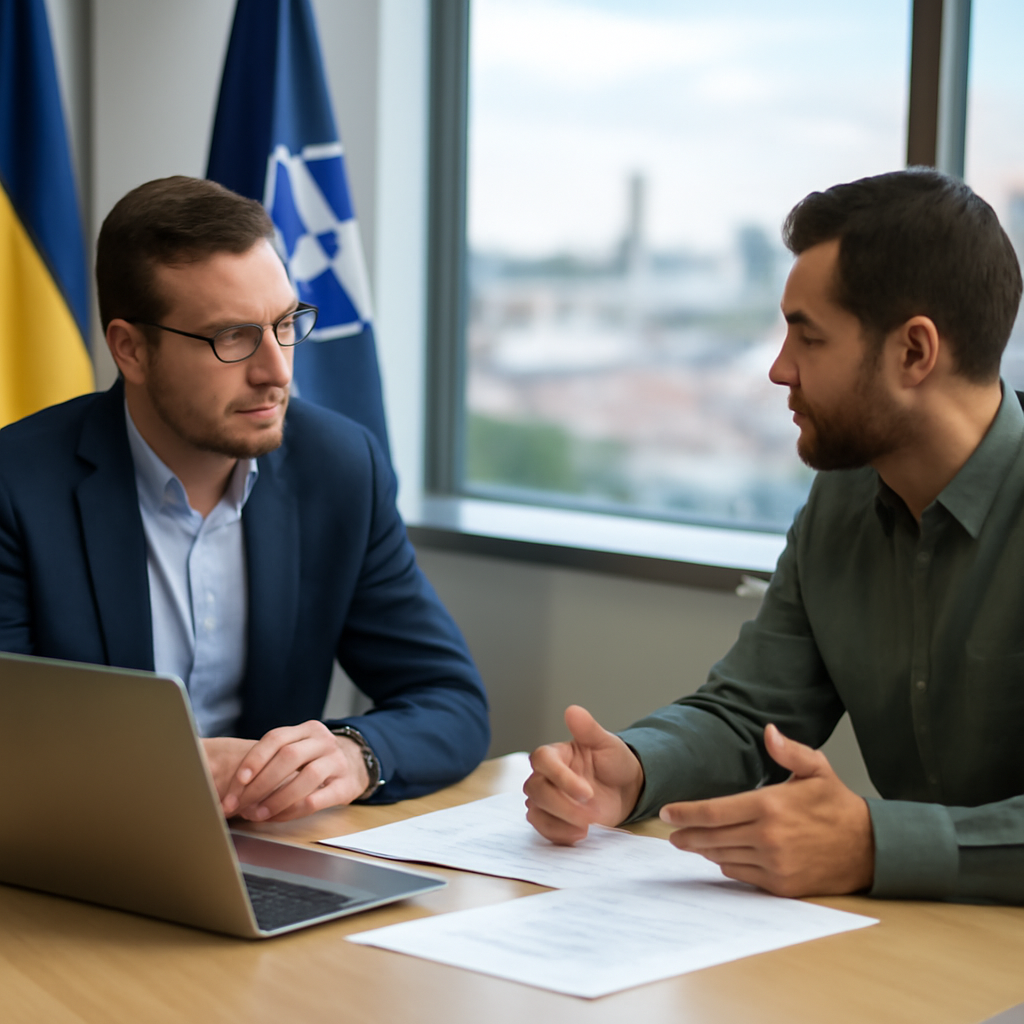 Ukrainian and NATO representatives discuss joint counter-drone project at a meeting table.