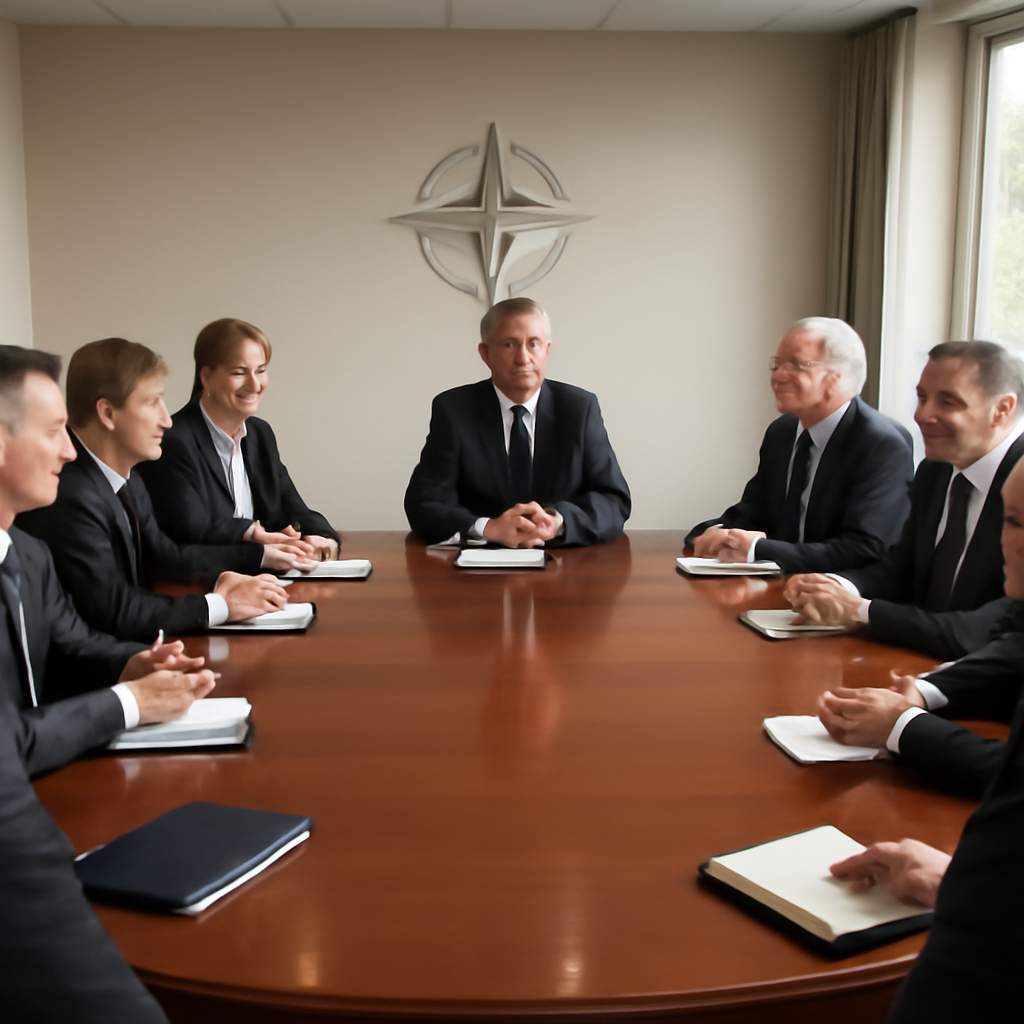 NATO officials seated around a conference table with documents and notebooks.