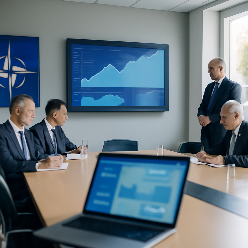 Officials in formal attire gather around a modern conference table with a large screen displaying data.