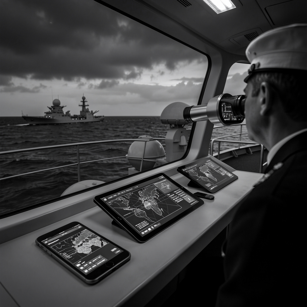 Futuristic naval bridge console at dusk with digital displays and officer in background.