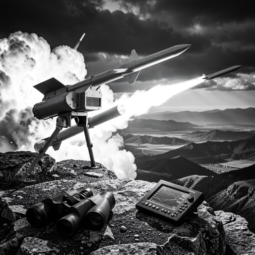 Missile launcher system fires into distance with flames and smoke, amidst abandoned binoculars and tactical computer screen.