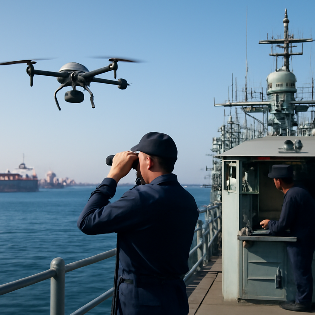 Drone hovers above a naval ship in a busy port with cargo ships and tankers in the background.