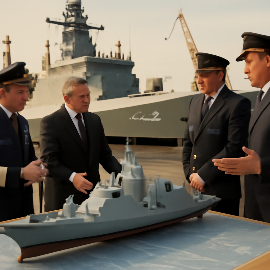 Naval officers discuss warship design near model, with MEKO A-200 in background.