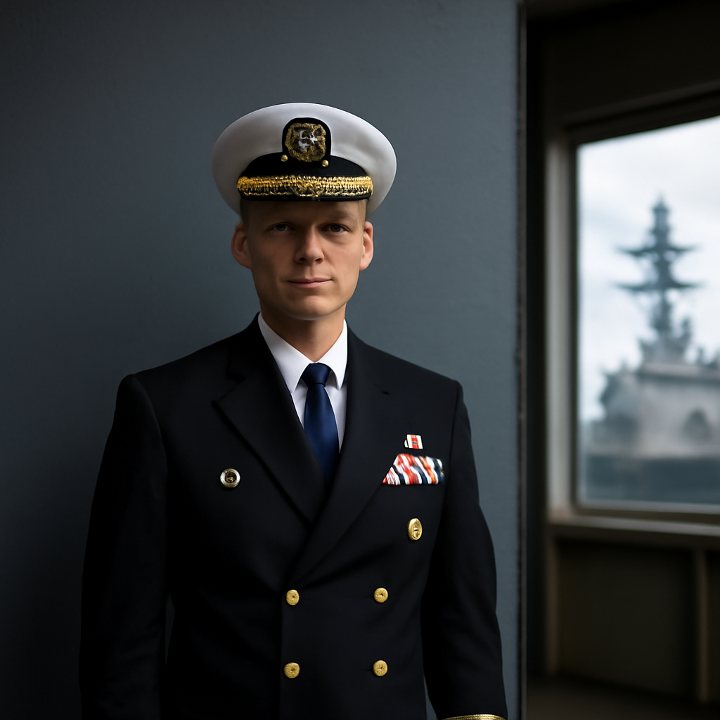 Navy officer stands in front of a neutral background with a hint of a ship or aircraft.