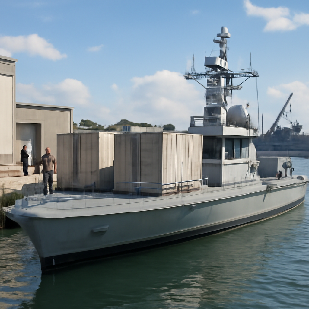 Medium-sized unmanned naval vessel docked at a pier with shipping containers on board.