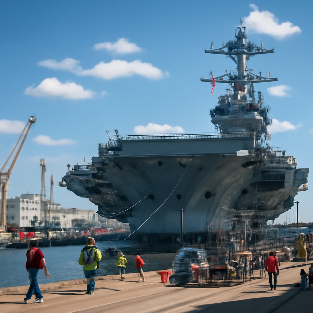 US Navy aircraft carrier USS Gerald R. Ford in shipyard with scaffolding and maintenance equipment.