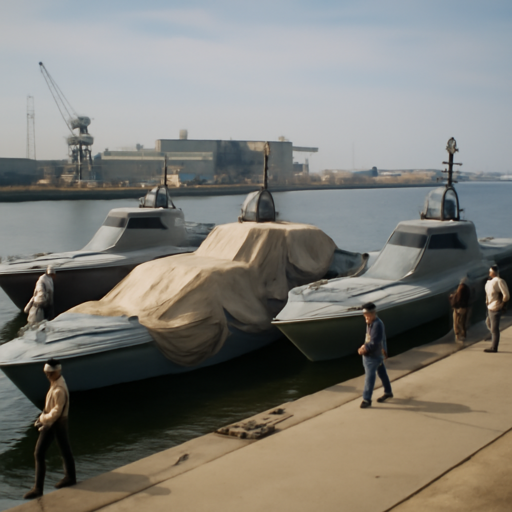 Naval dock with unmanned surface vessels under construction and workers nearby.