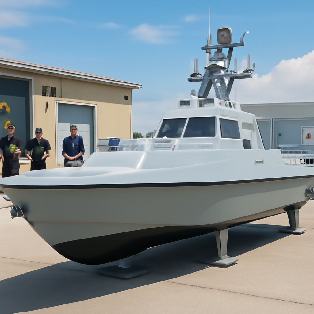 Medium-unmanned surface vessel model on a naval base with personnel in background.