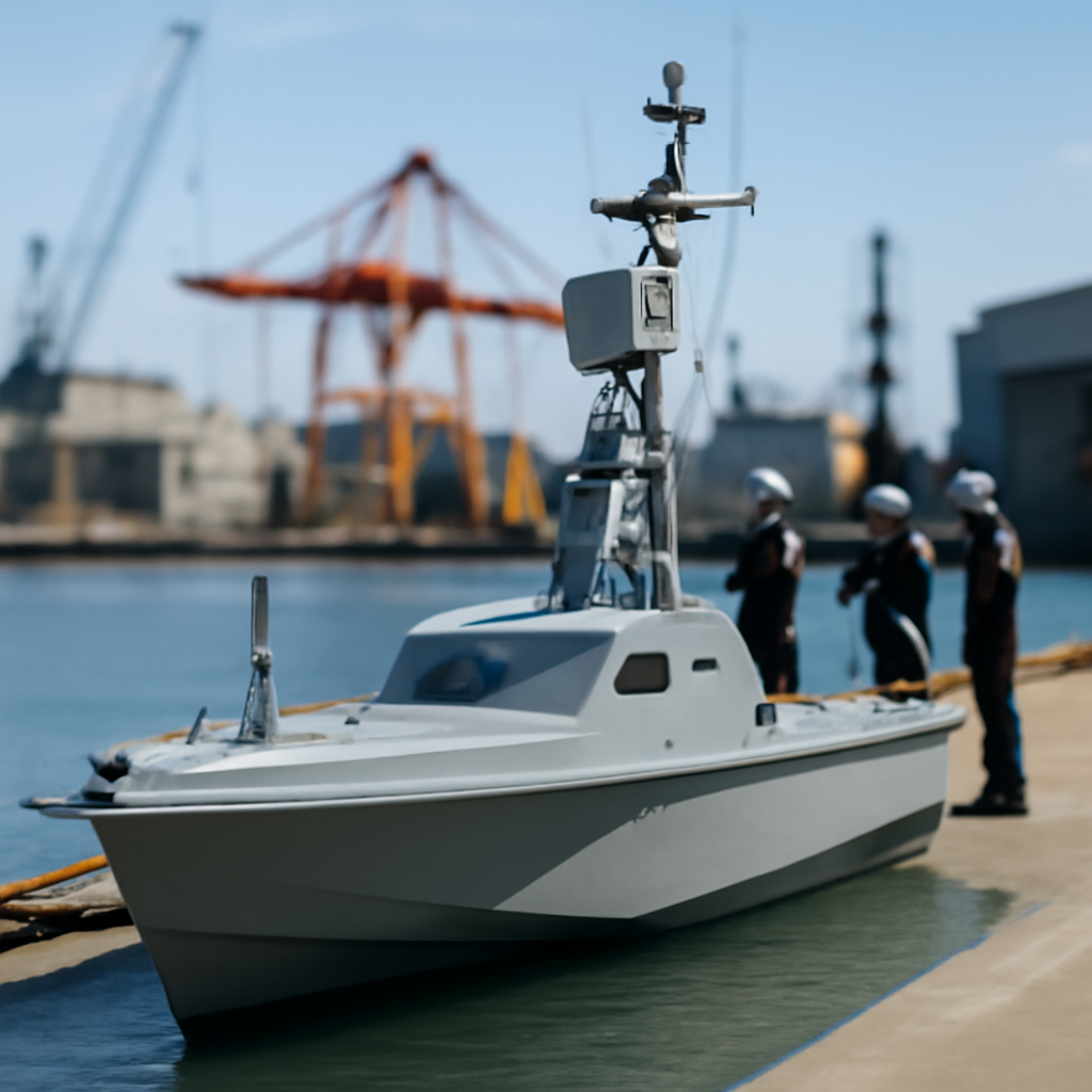 Medium-sized unmanned surface vessel on a dock with industrial infrastructure blurred in the background.