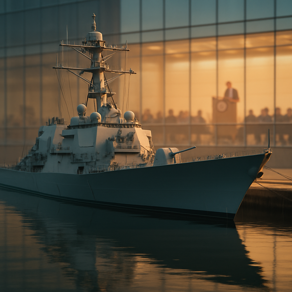 Modern battleship docked at harbor with conference setting visible in background.