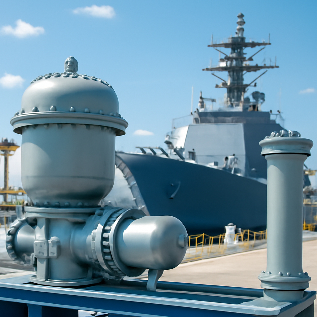 Naval shipyard with nuclear-powered vessel and reactor components.