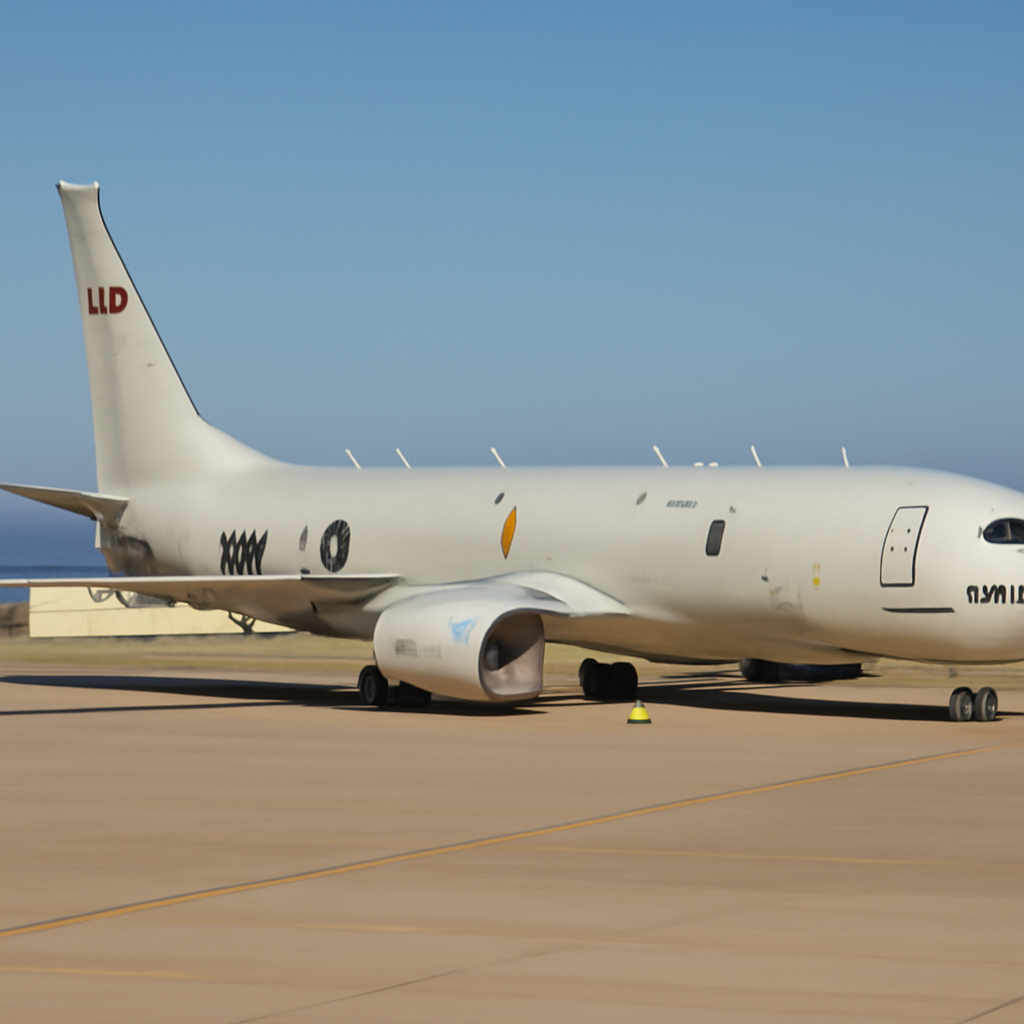 P-8 Poseidon aircraft on a runway at Naval Air Station Point Mugu with personnel and support vehicles nearby.