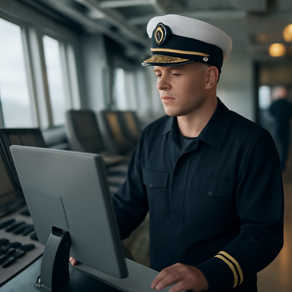 Naval officer interacts with modern computer workstation on ship's bridge.