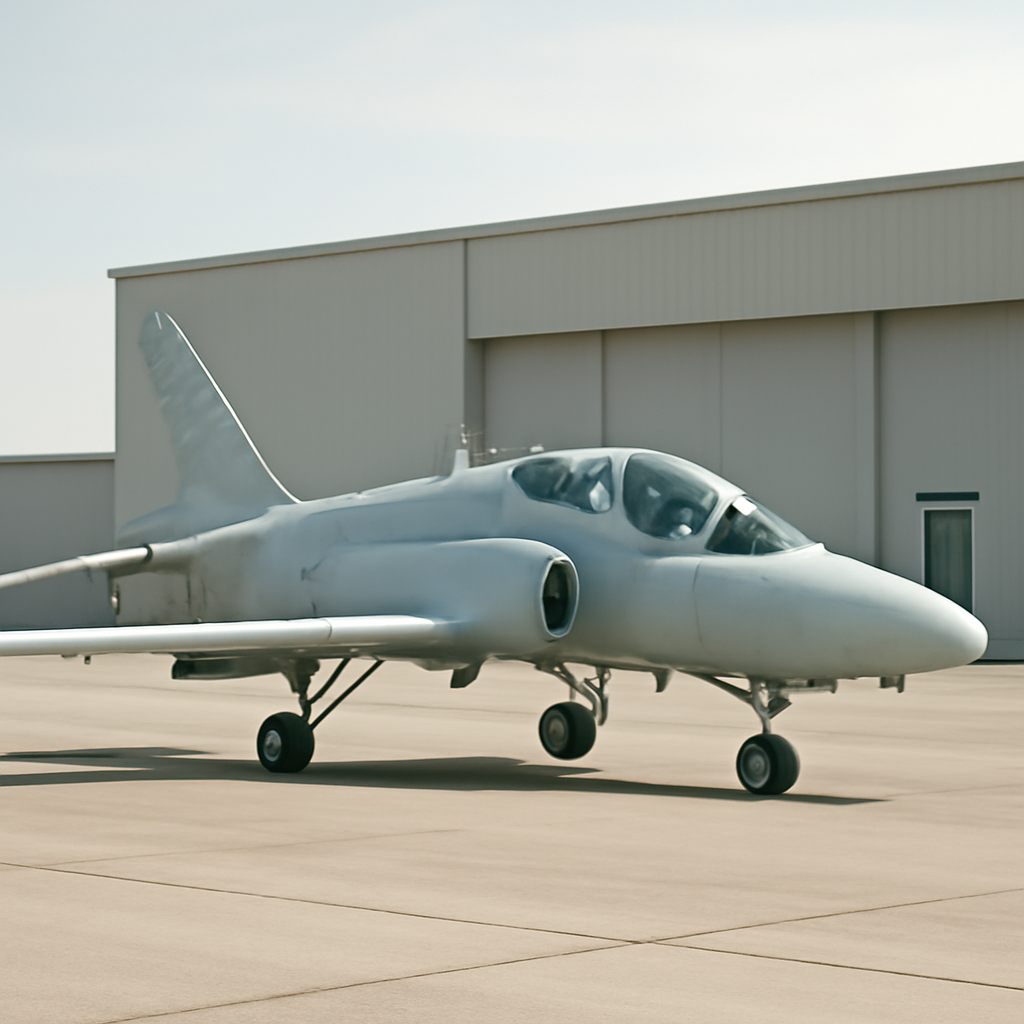 A generic trainer jet sits on a runway or apron in bright daylight.