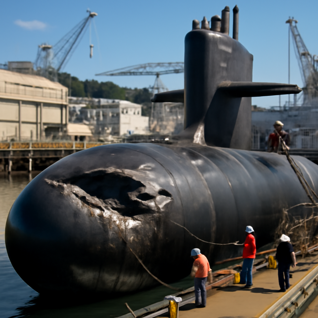 Damaged US Navy Seawolf-class submarine docked at Puget Sound Naval Shipyard.