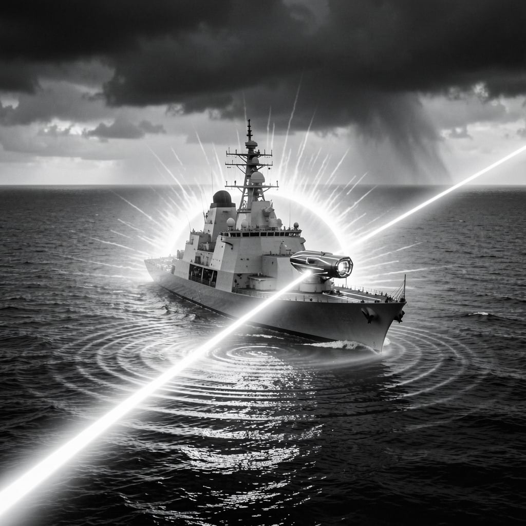 Naval warship at sea with futuristic laser system emitting a powerful beam.