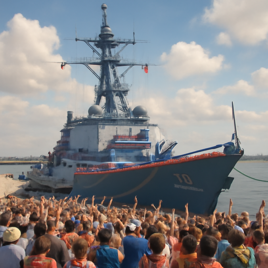 Guided-missile destroyer docked at naval base, surrounded by cheering crowds, with harbor and ocean in background.