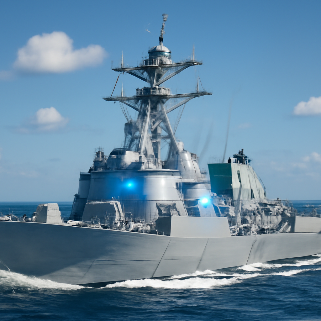 US Navy warship underway with modern technology integrated into its sleek design.
