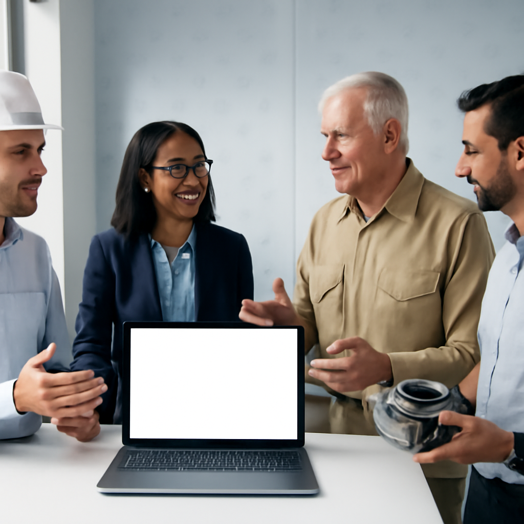 Diverse professionals stand in a modern room with a subtle nautical theme.