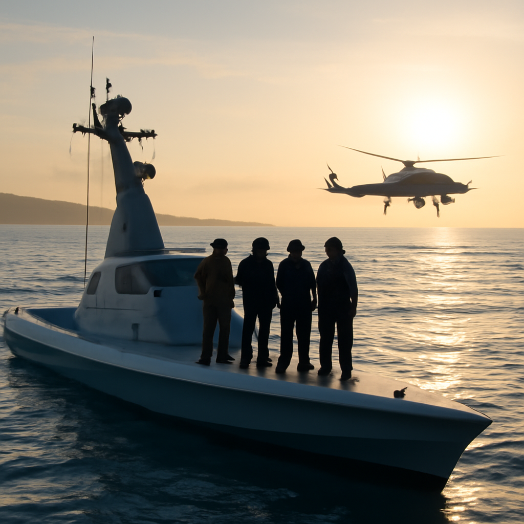 Naval drone boat rescues helicopter crew in open ocean waters near coastline.