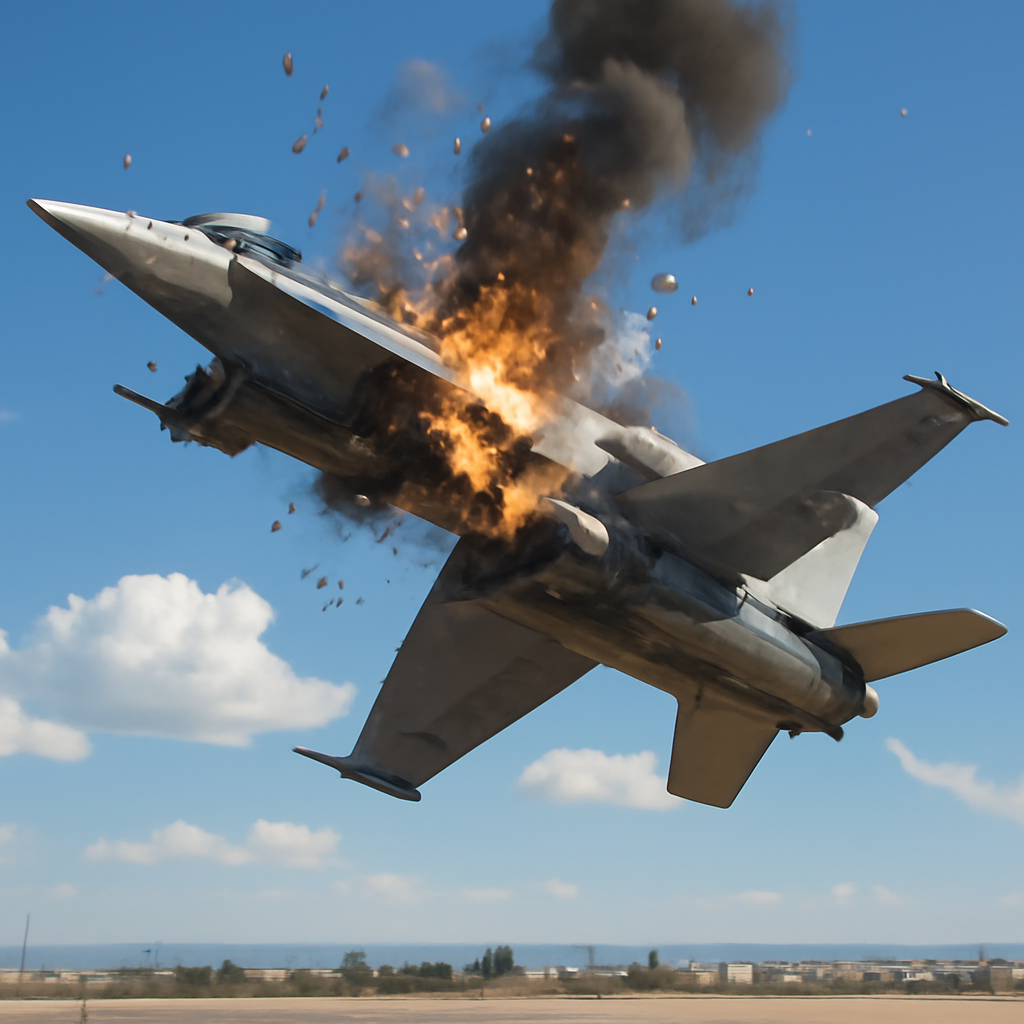 Two Navy EA-18G Growler jets collide mid-air, with debris and smoke against a blue sky.
