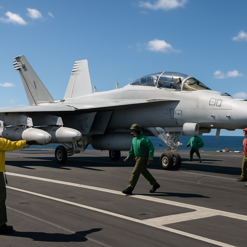 US Navy sailors attend to an EA-18G Growler aircraft on a carrier deck, with electronic warfare systems and radar jamming…