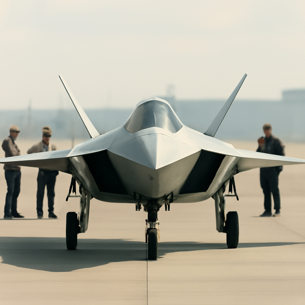 Unmanned fighter jet prototype on a runway with engineers observing in background.