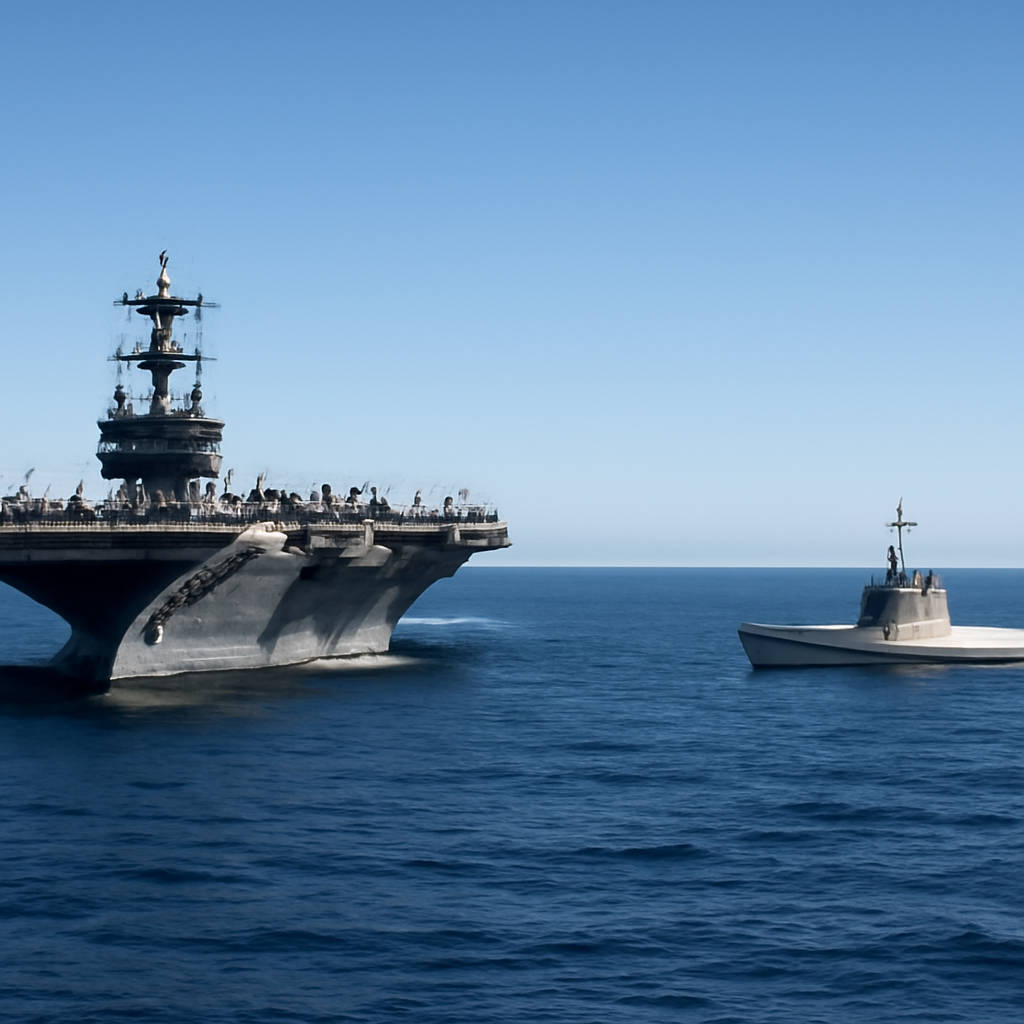 Aircraft carrier at sea with a medium unmanned surface vessel alongside.