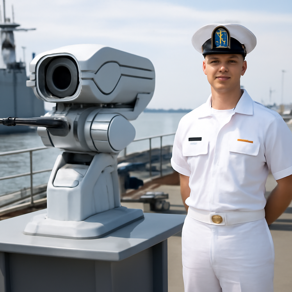 Naval personnel stands beside futuristic robotic system on table with ship deck in background.
