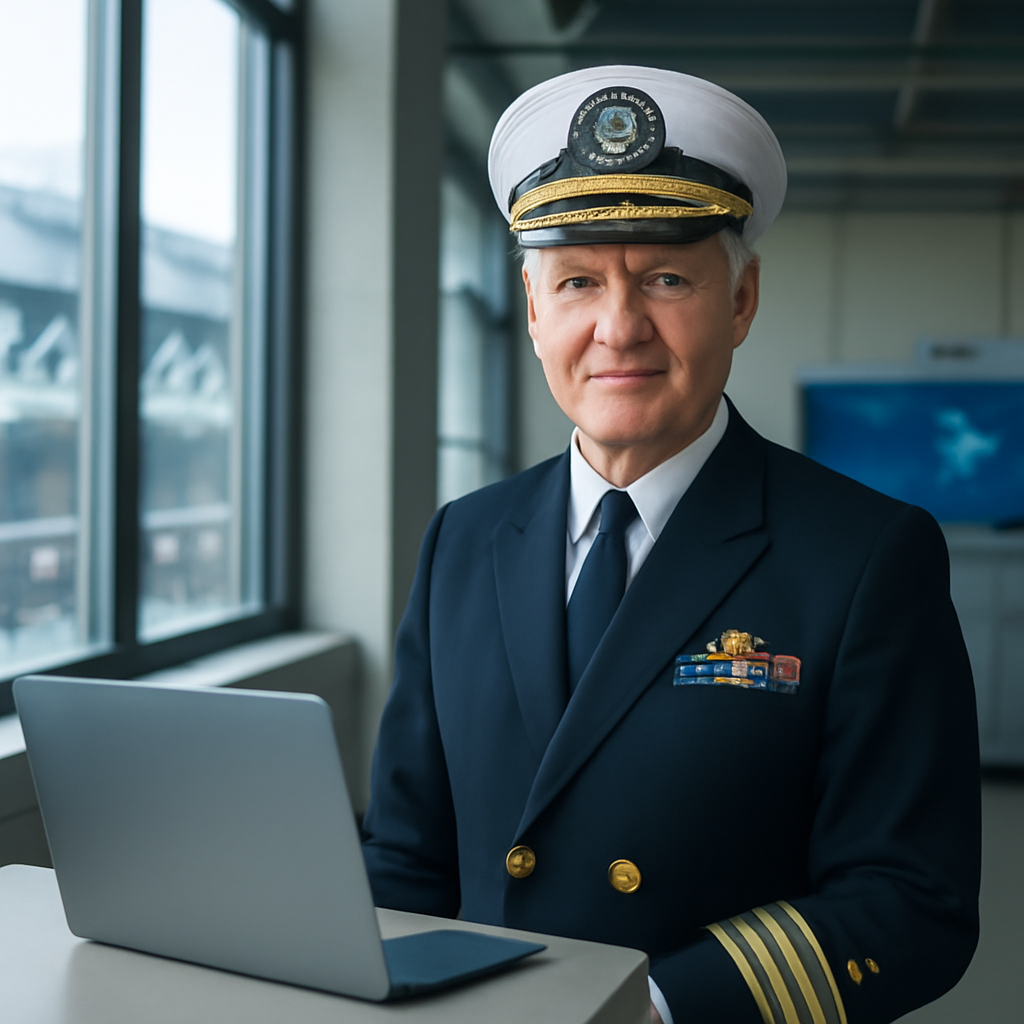 Naval officer stands near large screen in modern industrial office setting.